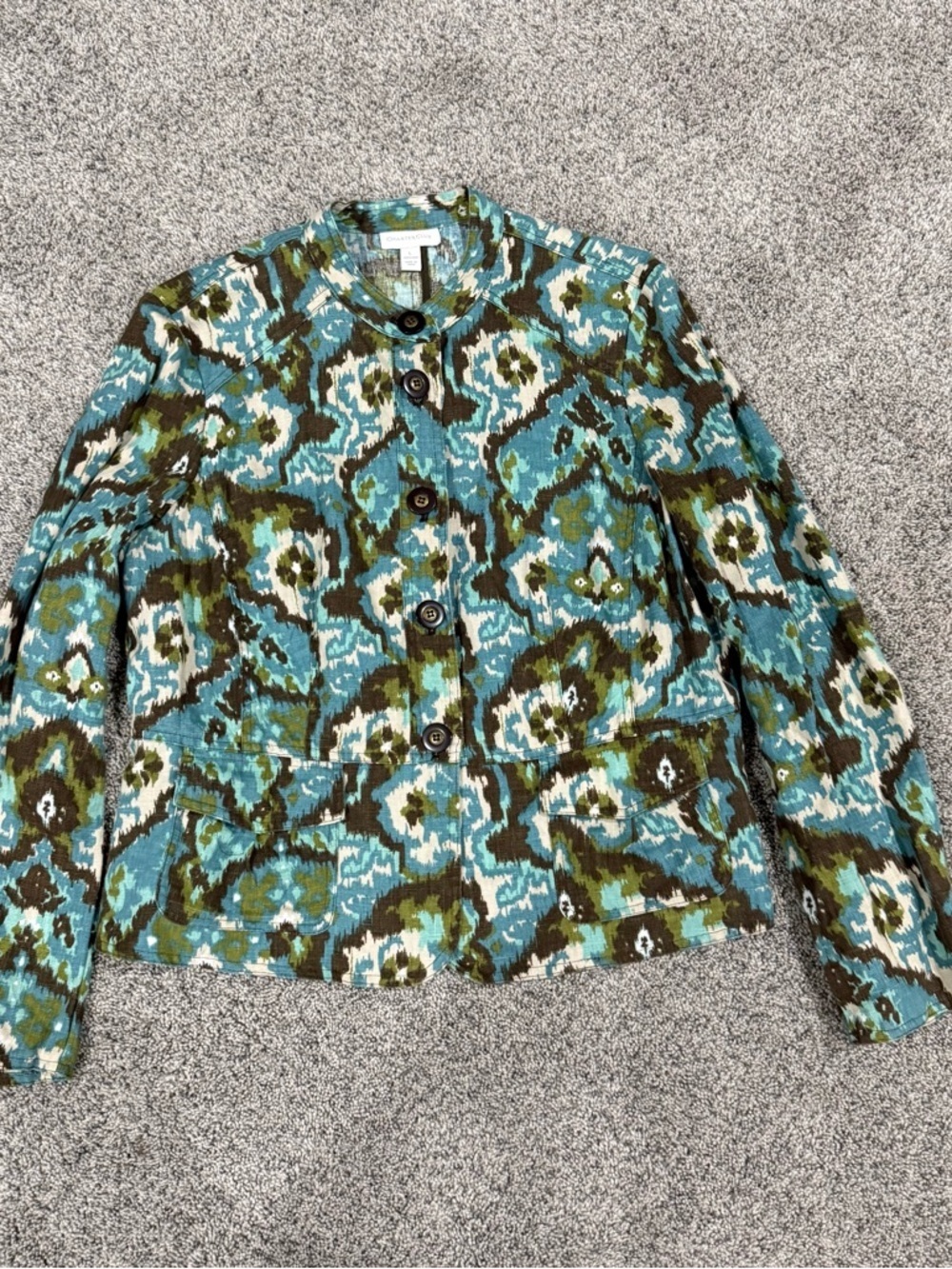 Vintage Charter Club Teal Brown Ikat 100% Linen Pockets Blazer Jacket Women’s L